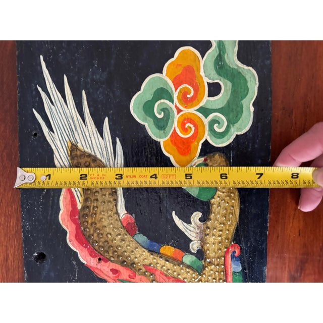 1970s Vintage Asian Dragon Painting on Reclaimed 1972 Military Ammunition Crate Panel - Hand-Painted Relief Folk Art Wall Decor For Sale - Image 5 of 12