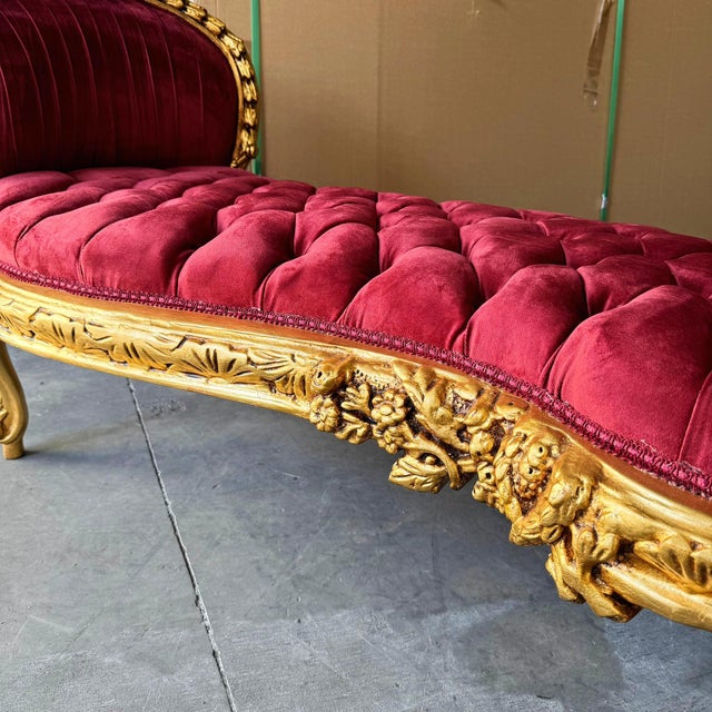 French Marquis French Tufted Bench Red Velvet For Sale - Image 3 of 8