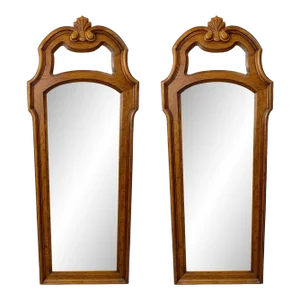 French Provincial Style Pine Wood Wall Tall Mirror by Drexel, a Pair