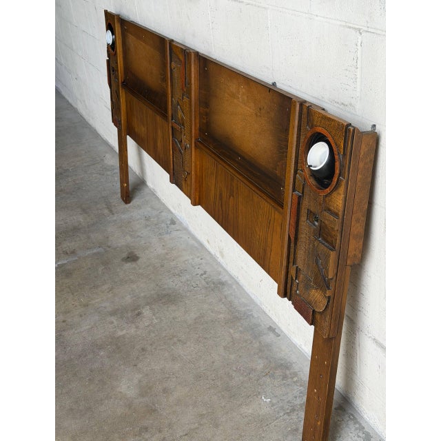 Brutalist Attributed Lane Brutalist King Headboard Wood Bed Frame With Integrated Lights 1960s For Sale - Image 3 of 10