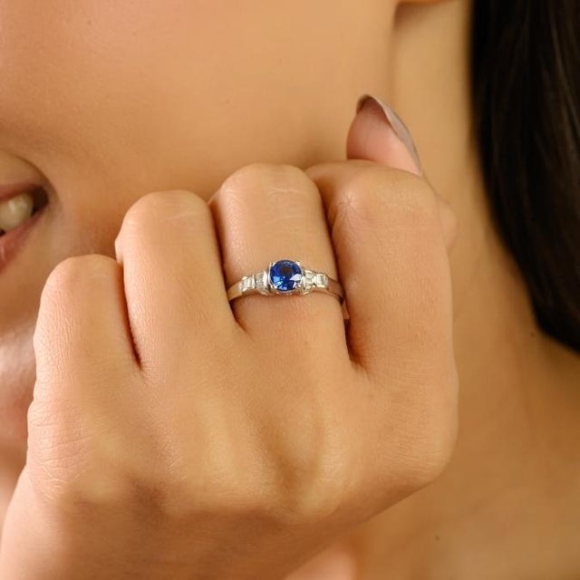 Art Deco-Inspired Round Blue Sapphire & Baguette Diamond Ring Size 6.5 in 14k White Gold For Sale In New York - Image 6 of 17