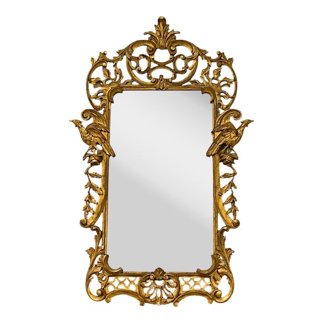 Early Italian Carved Giltwood Chinese Chippendale Style Mirror W/ Ho Ho Birds For Sale