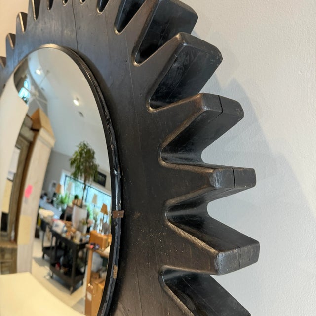 Large Vintage Round BlackWood Gear Convex Mirror For Sale - Image 9 of 10