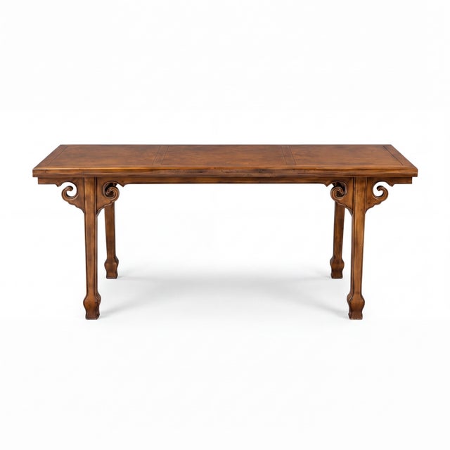 Brown Ming Style Carved Walnut Draw Leaf Altar Console Tables by Drexel, Pair For Sale - Image 8 of 9