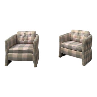 Late 20th Century Vintage Pair Pastel Plaid Barrel Chairs For Sale
