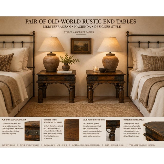 Late 20th Century Pair of Old-World Rustic Hacienda End Tables — Solid Wood & Forged Iron — Restored Finish With Patina Preserved For Sale - Image 4 of 4