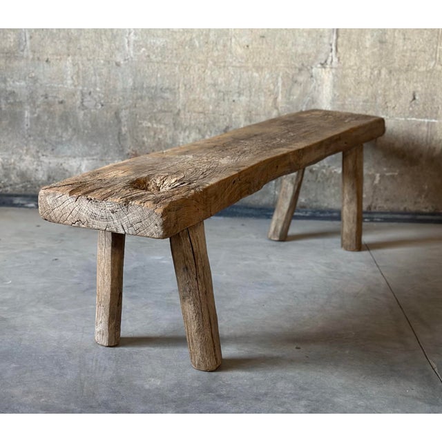 Farmhouse Primitive Elm Plank Wood Bench or Coffee Table For Sale - Image 3 of 4