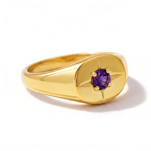 Natural Amethyst Starburst Signet Ring - Unisex Everyday Stacking Ring Us 7 For Sale - Image 4 of 6