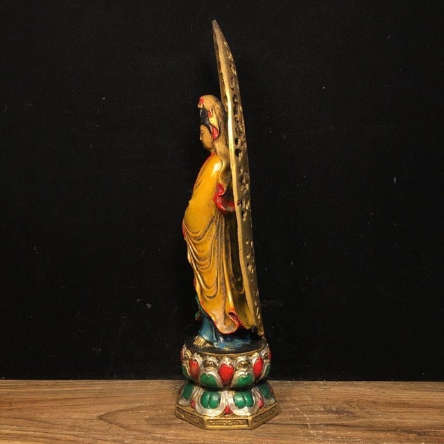 Traditional Late 19th Century Polychrome Bronze Guanyin Statue With Aureole, 940g For Sale - Image 3 of 9
