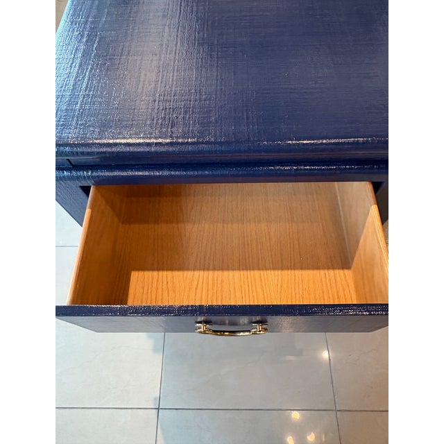 1980s Vintage Pair Harrison Van Horn Grasscloth Navy Blue Pagoda Night Stands Chests For Sale - Image 5 of 11