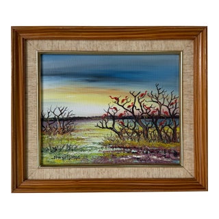 1980’s Vintage Flamingos Mangroves Coastal Impressionist Oil Painting on Canvas – Framed For Sale