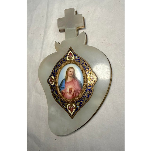 French Rare Antique 1800's French Jade Bronze Enamel Champleve Mini Jesus Painting Art For Sale - Image 3 of 10