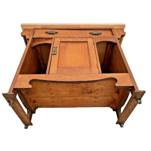 Antique Mission Oak Kitchen Island Cabinet Prep Station Chop Top Open Side Shelf For Sale - Image 12 of 12