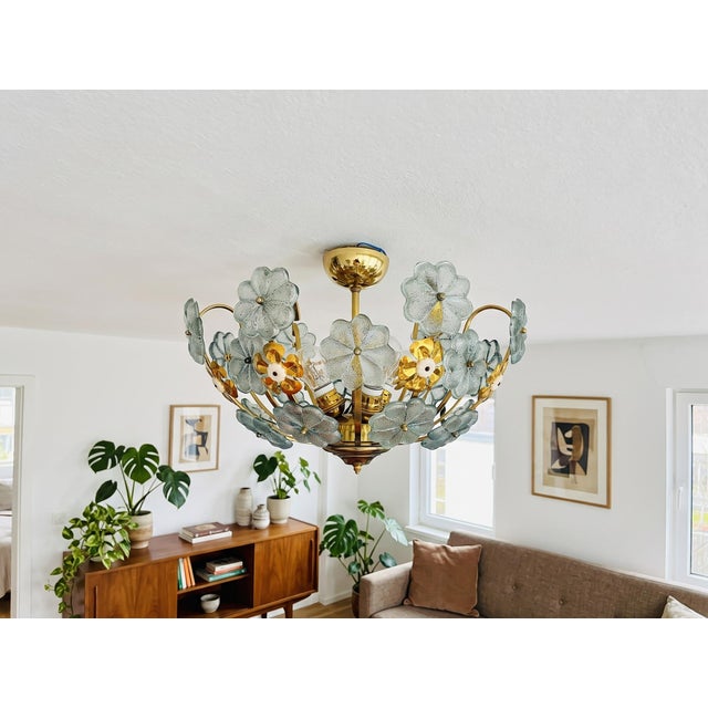 Pair Match Vintage Water Green Floral Flush Mount Chandelier, Hand-Painted Glass Flower Ceiling Light, Mid-Century Brass...