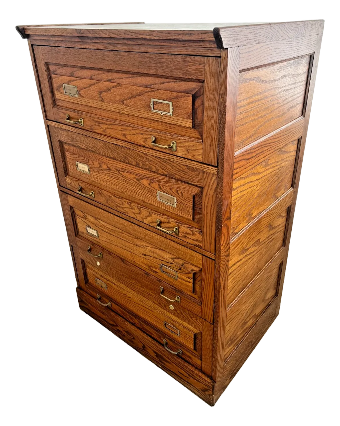 1980s Lateral File Cabinet Tiger Oak Four Drawers Locking Bottom