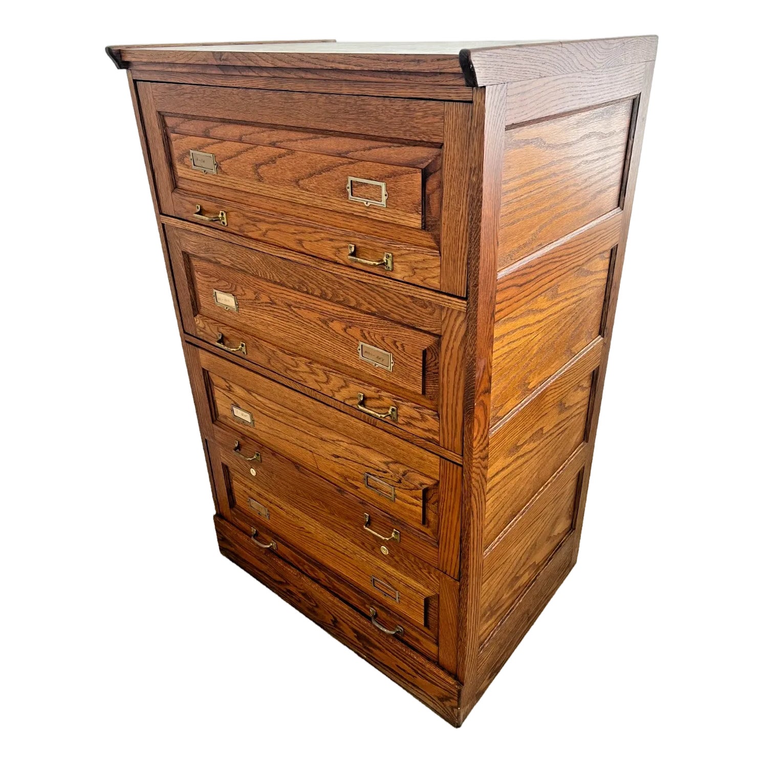 1980s Lateral File Cabinet Tiger Oak Four Drawers Locking Bottom