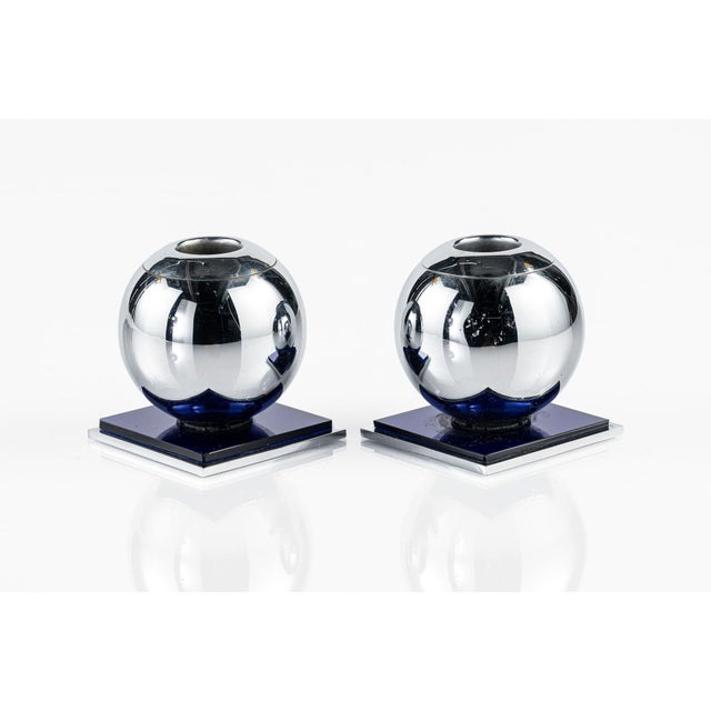 Chase Brass and Copper Company Art Deco Chrome and Cobalt Blue Candleholders by Walter Von Nessen for Chase, 1930s For Sale - Image 4 of 14