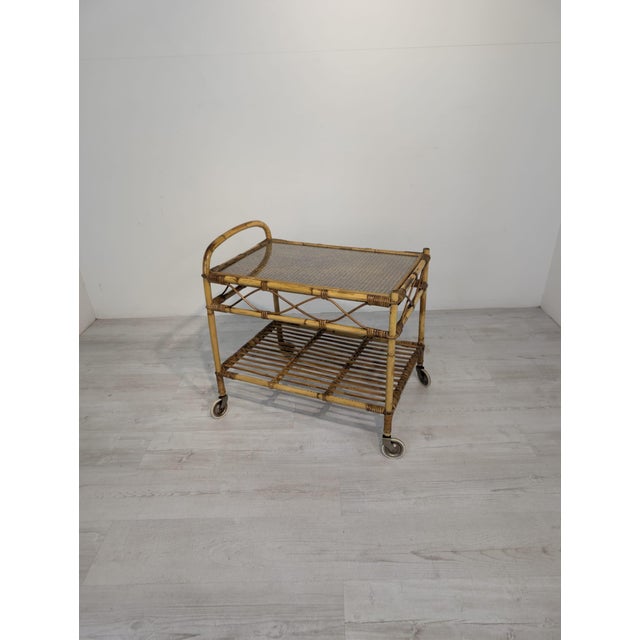 Scandinavian Rattan, Raffia and Glass Serving Cart, 1960s For Sale - Image 6 of 14