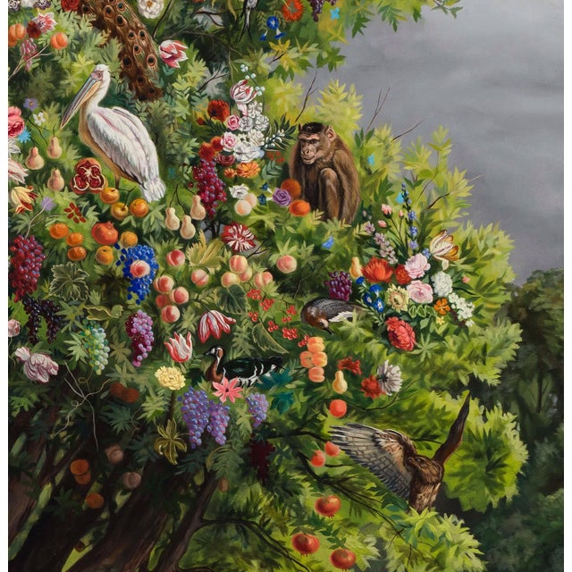 Yggdrasil by Robin Hextrum | Oil on canvas Tree with animals and flowers in a landscape setting For Sale - Image 4 of 5
