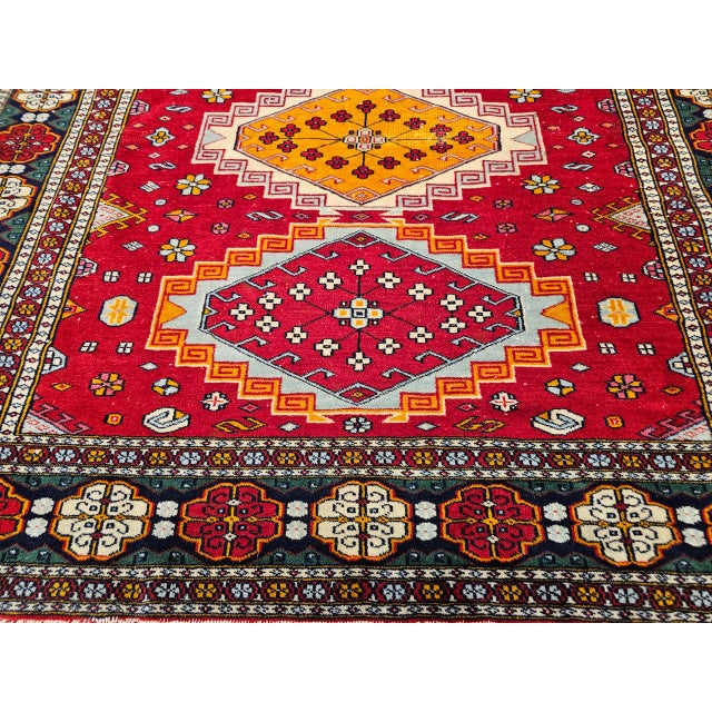Vintage Persian Tribal Square Rug, Hand-Knotted Wool, Geometric Medallions Pattern, 4x4, Red & Blue For Sale - Image 11 of 15