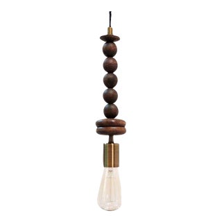Pendant Light With Hardwood Beads & Antique Brass For Sale
