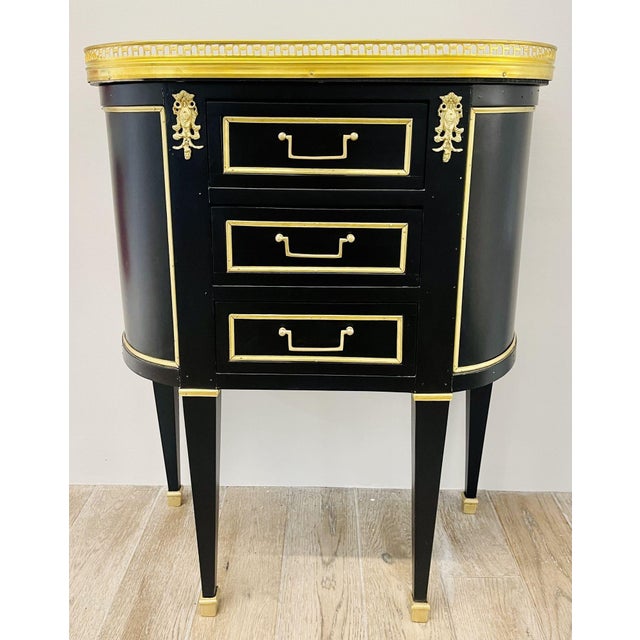 1960s Pair of Jansen Inspired Marble-Top Galleried Ebonized End Tables / Nightstands For Sale - Image 5 of 12