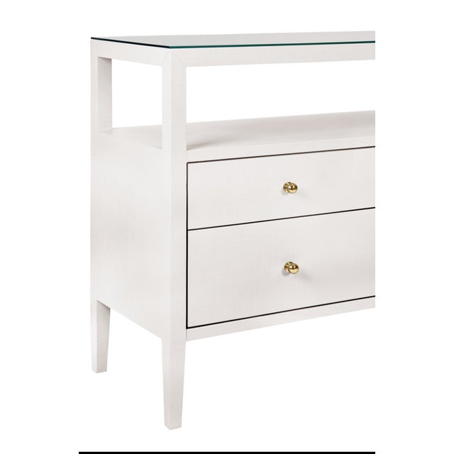Worlds Away Matthew Izzo Home Jordan White Textured Linen Six Drawer Console Table With Glass Top and Polished Brass Knobs For Sale - Image 4 of 7