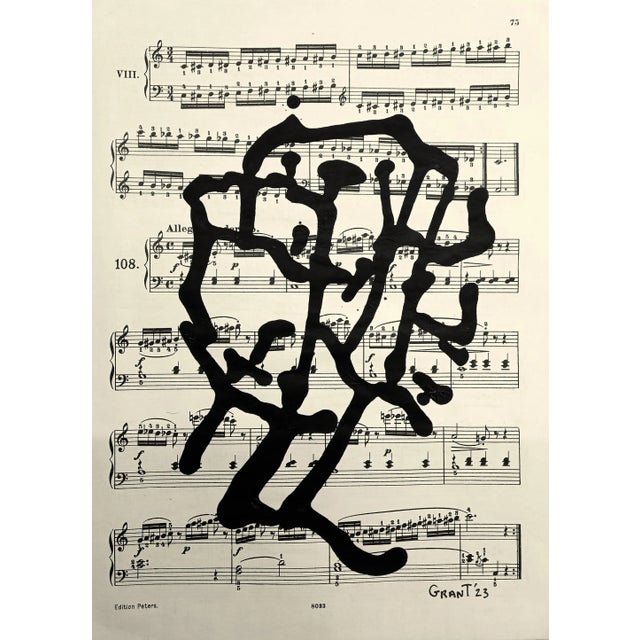 Black Framed Original Drawings 'Black and White Floral Abstractions on Vintage Music Score Sheets' #2 - Wall Gallery Installation - Set of 3 For Sale - Image 8 of 10