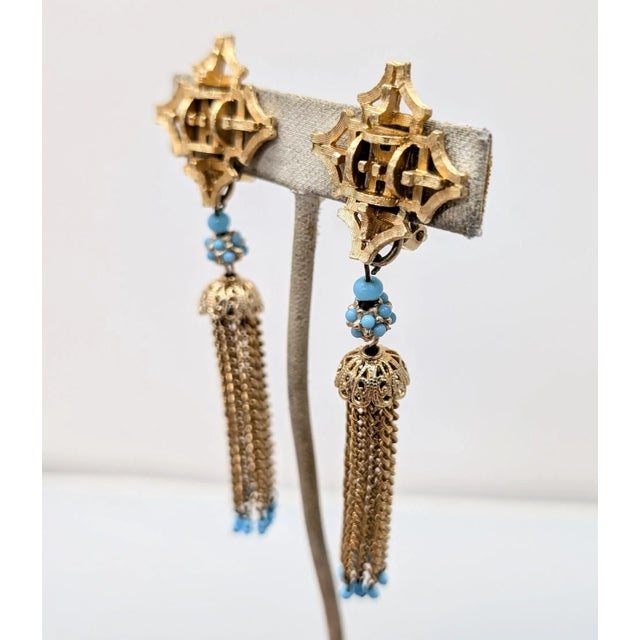 Napier Vintage 1960s Signed Napier Goldtone Faux-Turquoise Tassel Clip Earrings-2 Pieces For Sale - Image 4 of 7
