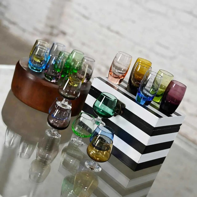 Mid-Century Modern Vintage Set of 21 Blown Glass Multi Color Small Cocktail Snifters Cordials or Shot Glasses 3 Sizes For Sale - Image 3 of 13