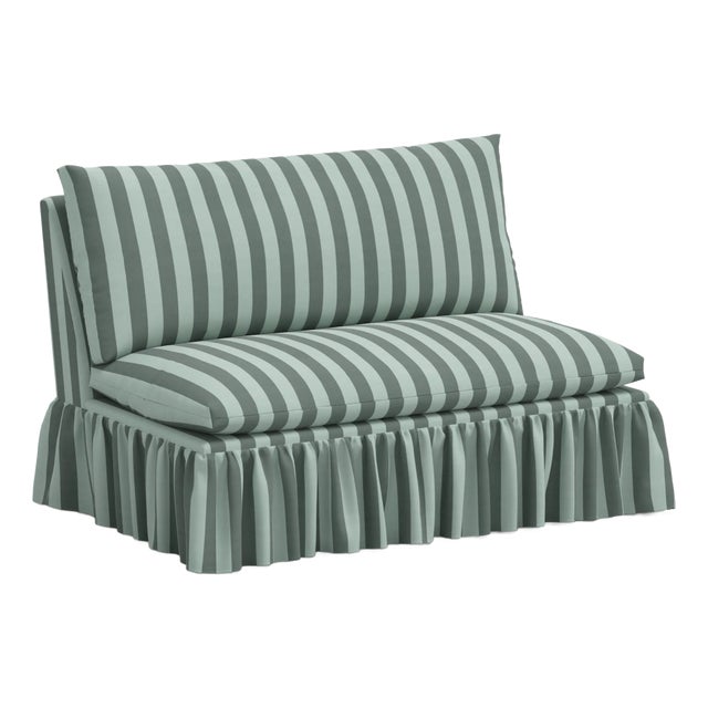 Spritely Home Capra Ruffle Settee in Canopy Stripe Tonal Teal For Sale