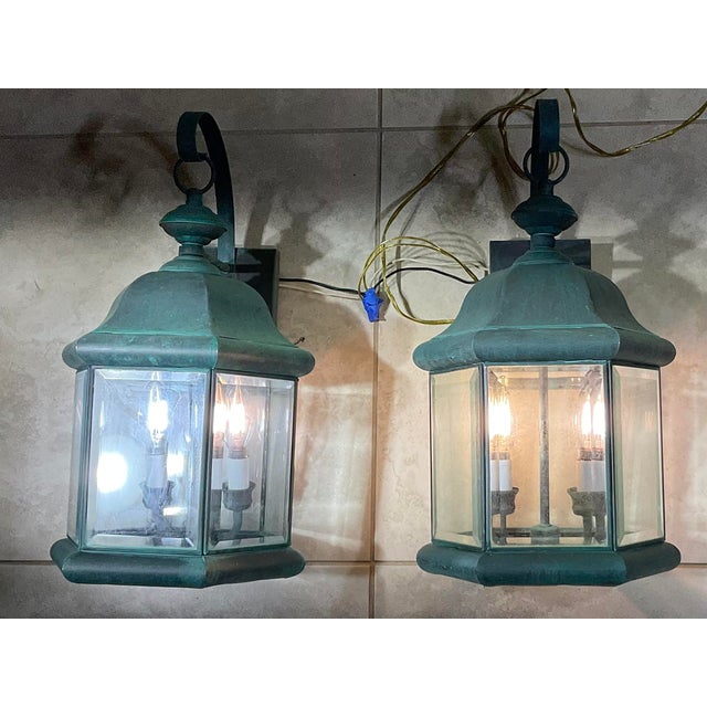 Pair of Solid Brass Outdoor Wall Lantern Sconces – Vintage Aged Verdigris For Sale - Image 4 of 15