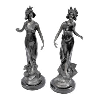 1990s Mid Century Modern/Art Nouveau Bronze pair Lady Figurines For Sale