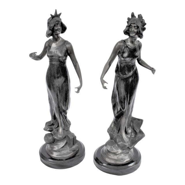 1990s Mid Century Modern/Art Nouveau Bronze pair Lady Figurines For Sale