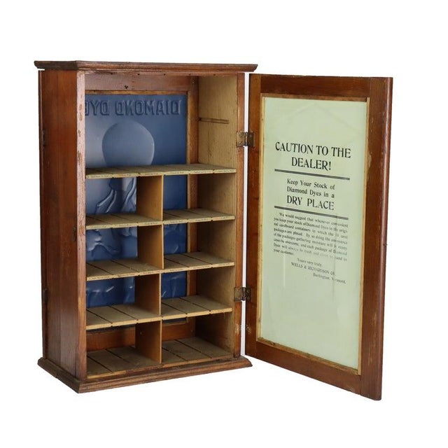 Antique Wells &amp; Richardson Co. Diamond Dye Oak & Embossed Tin Country Store Cabinet C1912 Measures - 24.5"H x 15.25"W...