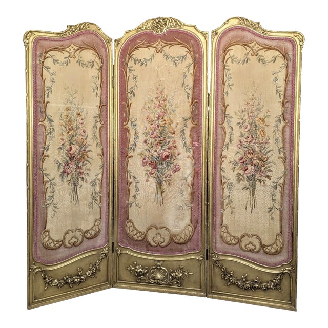 Antique Early 1800s French Louis XV Style Three-Panel Screen in Wood Frame With Floral Tapestry Panels For Sale