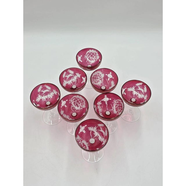 Glass Antique Edwardian Wine Cranberry Glass Engraved Etched & Pitcher - 9pcs For Sale - Image 7 of 12