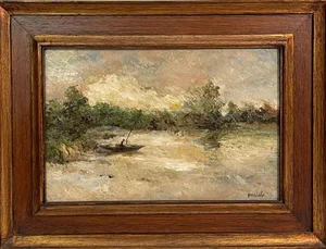 Bosisio, Lake Landscape with Boat, Oil on Panel, Framed