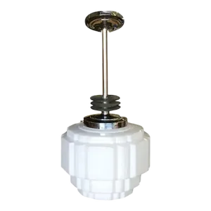 1930s Art Deco Ceiling Pendant With School House Stepped Glass Globe