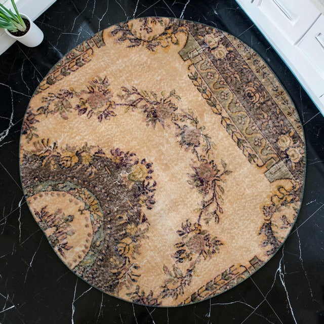 Mid-Century Modern Hand Knotted Round Turkish Rug Upcycled Vintage Circle Area Rug 4'9" X 4'9" For Sale - Image 3 of 13