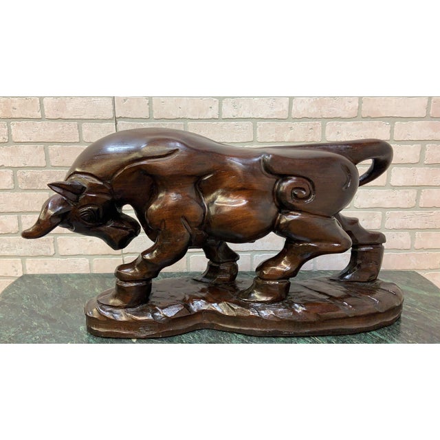 Brown Vintage Spanish Carved Charging Bull Statue - Pair For Sale - Image 8 of 11
