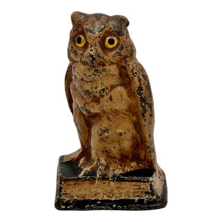 Unusual Antique American Cast Iron Wise Old Owl Sitting on a Book Figurative Doorstop - Circa 1920s. For Sale
