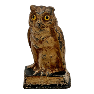 Unusual Antique American Cast Iron Wise Old Owl Sitting on a Book Figurative Doorstop - Circa 1920s.