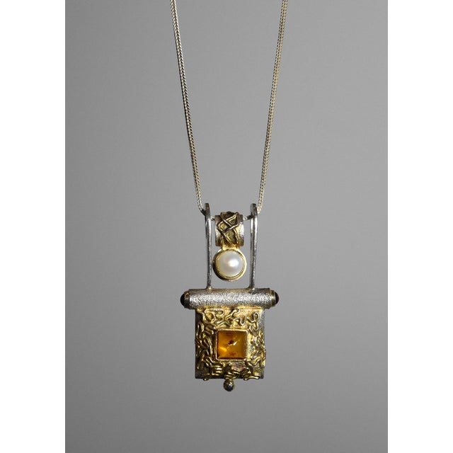 Late 20th Century Artisan Sterling Silver Amber Pearl Pendant Necklace For Sale - Image 13 of 14