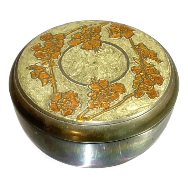 Asian Style Brass Floral Lidded Round Box For Sale