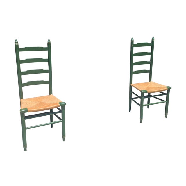 Early 20th Century Vintage Rustic Farmhouse Green Ladderback Chairs With Rush Seats- A Pair For Sale - Image 5 of 15