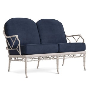 Brown Jordan Calcutta Loveseat, Dove frame with Fusion Neptune fabric For Sale