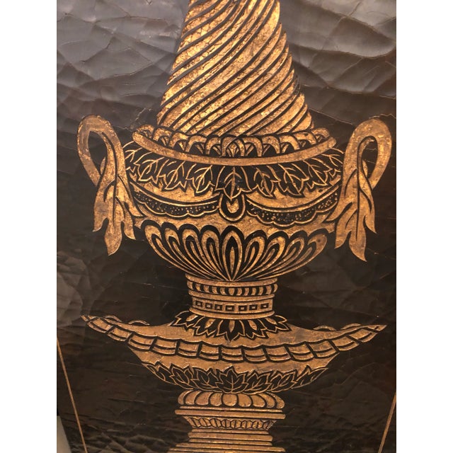 Traditional Empire Style Gold Urns on Black Lacquered Wall Art Panels -A Pair For Sale - Image 3 of 13