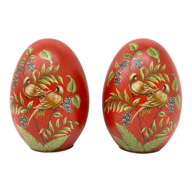 Large Painted Bird Red Eggs - Set of 2 For Sale