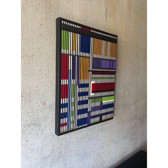 Vintage original geometric abstract painting titled A Tribute to Agam. Featuring a bold linear composition with saturated...